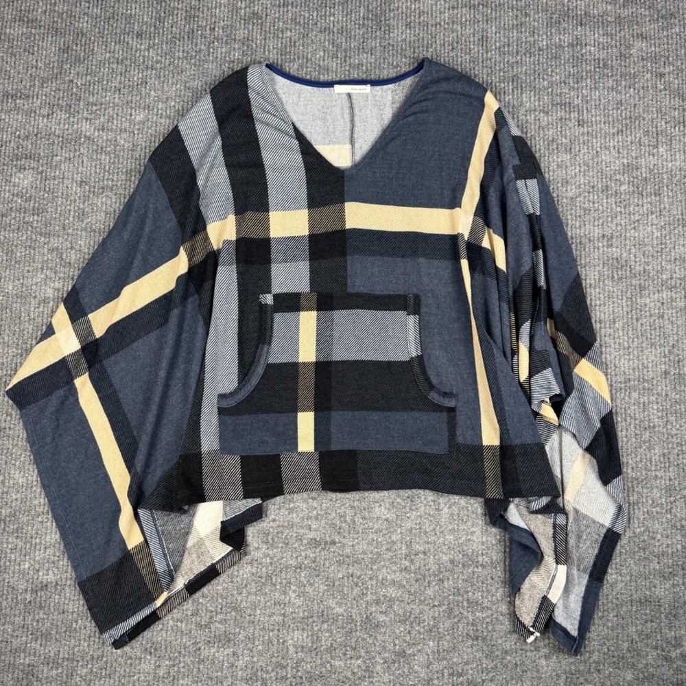 Dear Apple Poncho Top Womens L Blue Plaid V-Neck Kangaroo Pocket Knit Preppy Ivy